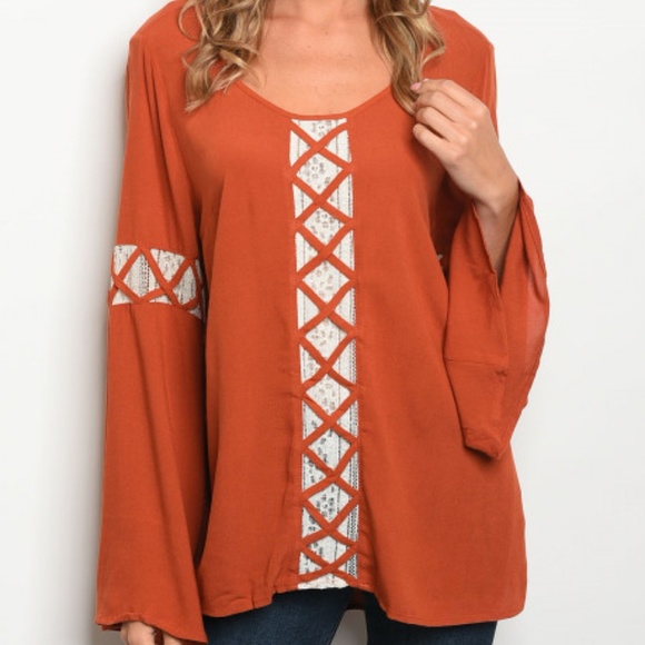 C.C. Boutique Tops - 1 LEFT SZ S!  Lattice Front Orange Bell Sleeve Top